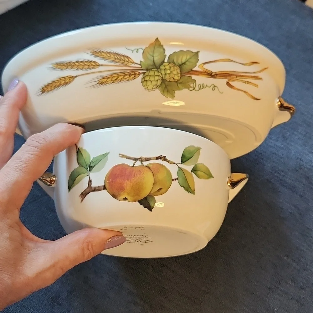 Set of 2 Vtg Royal Worcester Evesham Casserole Dish w/lids Fruits & Veg Prints